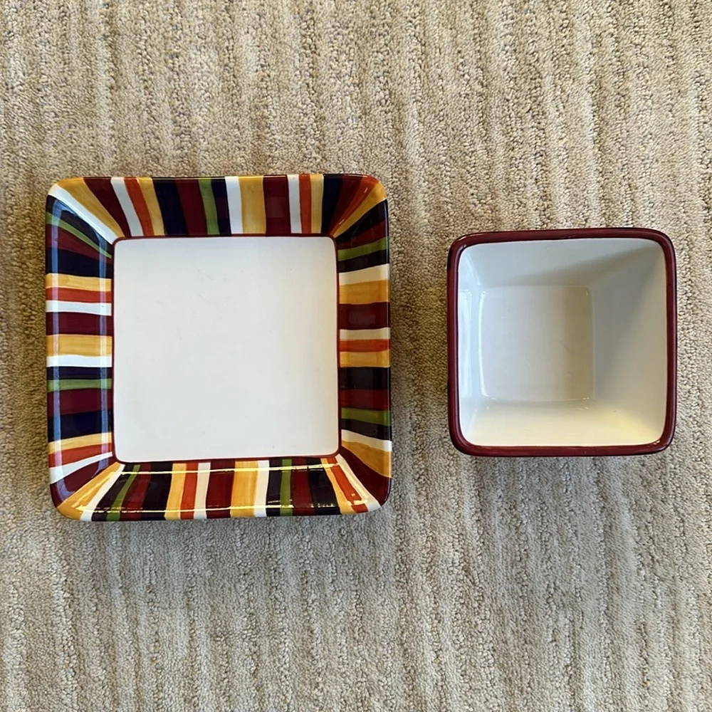 The Pampered Chef Simple Additions Stripe Set Plate and Square Bowl Entertaining